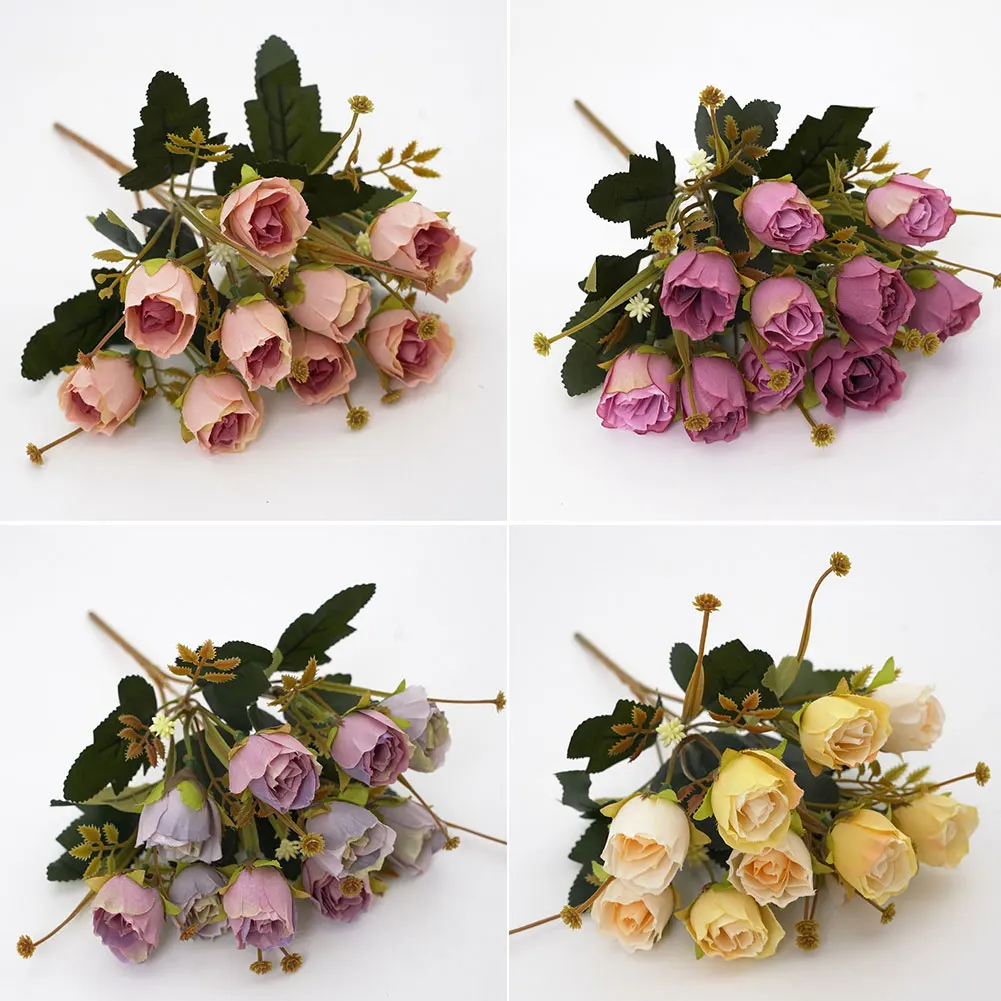 

Artificial Rose Flower Silk European Style Bouquet Fake Flowers Small Bud Roses Bract Simulation Wedding Home Party Decoration