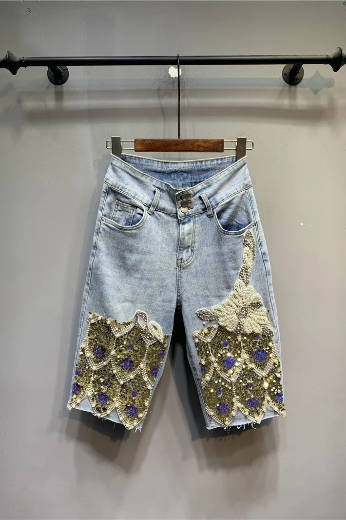 

2021 Summer New High Waist Stretch Sequin Bead Light-Colored Jeans Western Style Straight Short Pants Fashion Jeans Woman