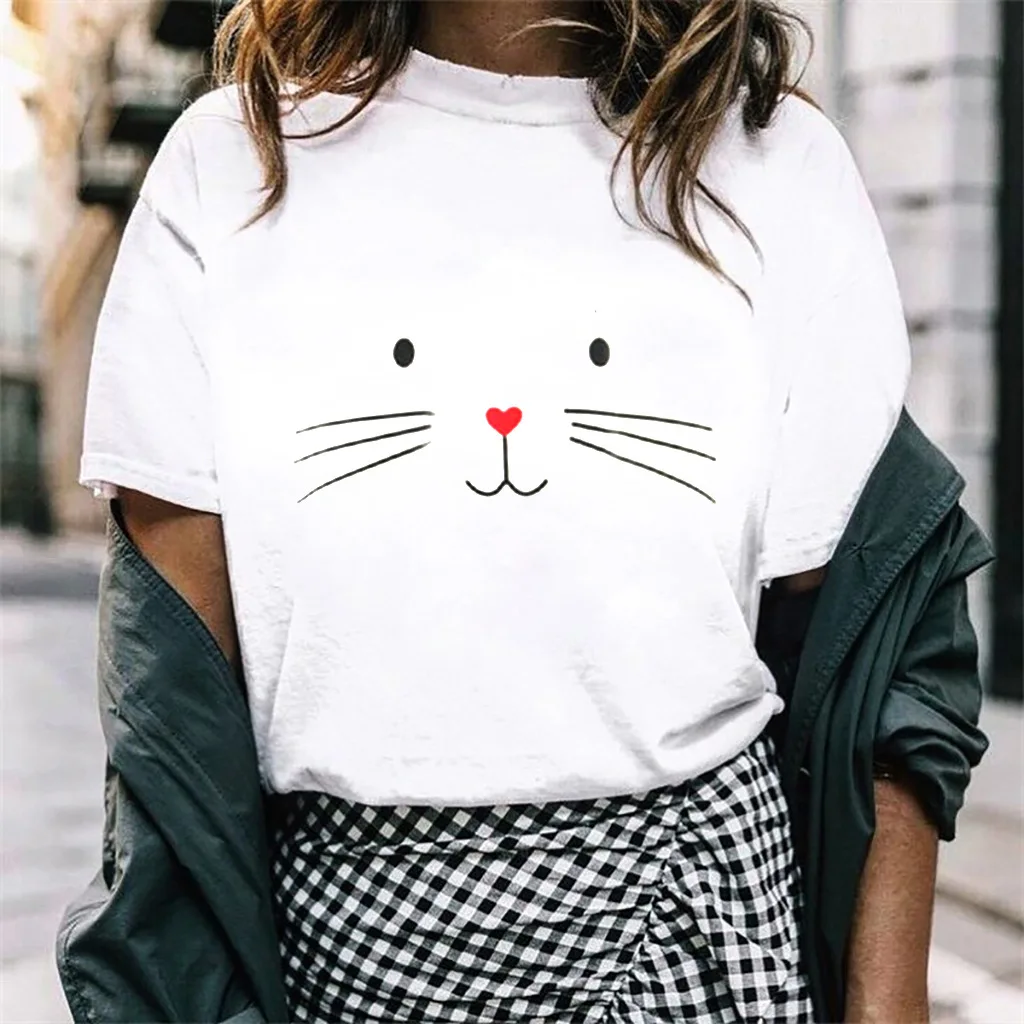 

New Harajuku Tee Shirts Cute Cat Face T-Shirt Streetwear woman Camisetas informales T-Shirt camiseta de manga corta para mujer