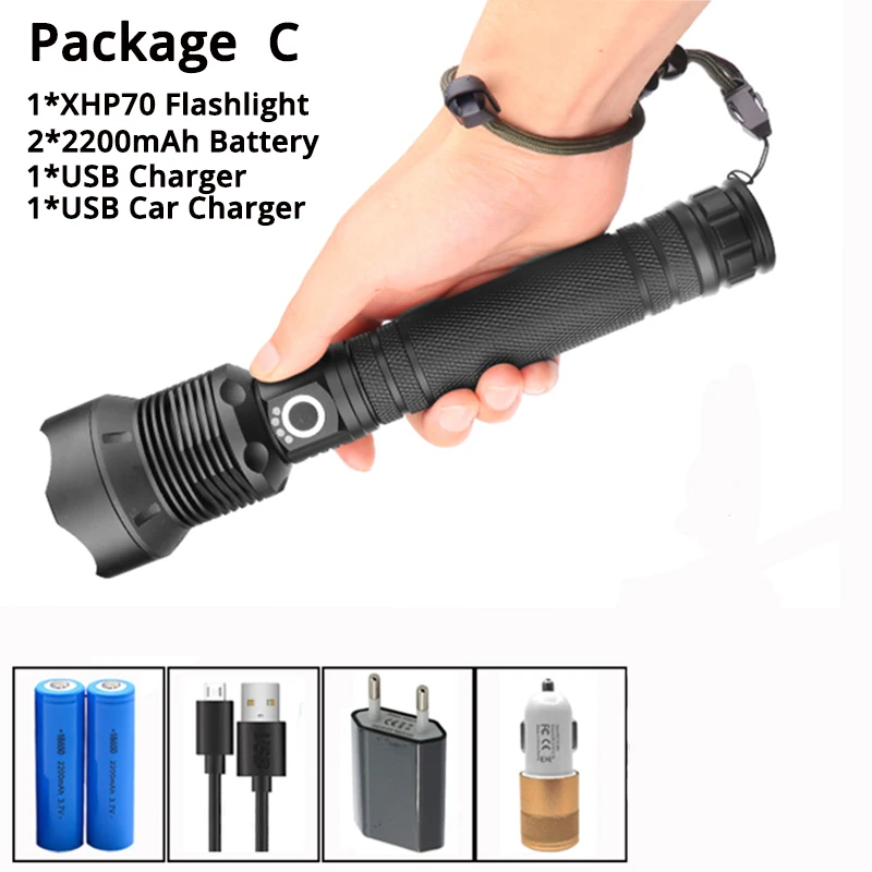 Package C Самый мощный светодиодный фонарь xhp70.2 с usb зумом xhp70 xhp50 18650 или 26650 батареей, Лучший Отдых на природе, на открытом воздухе - Испускаемый цвет: Package C