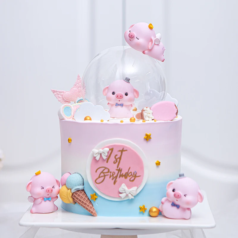 

Baby One Year Old Cartoon Pink Cute Pig Cake Topper Glass Cover Love Wings Cards Dessert Plug In Birthday Party Scene Decoration