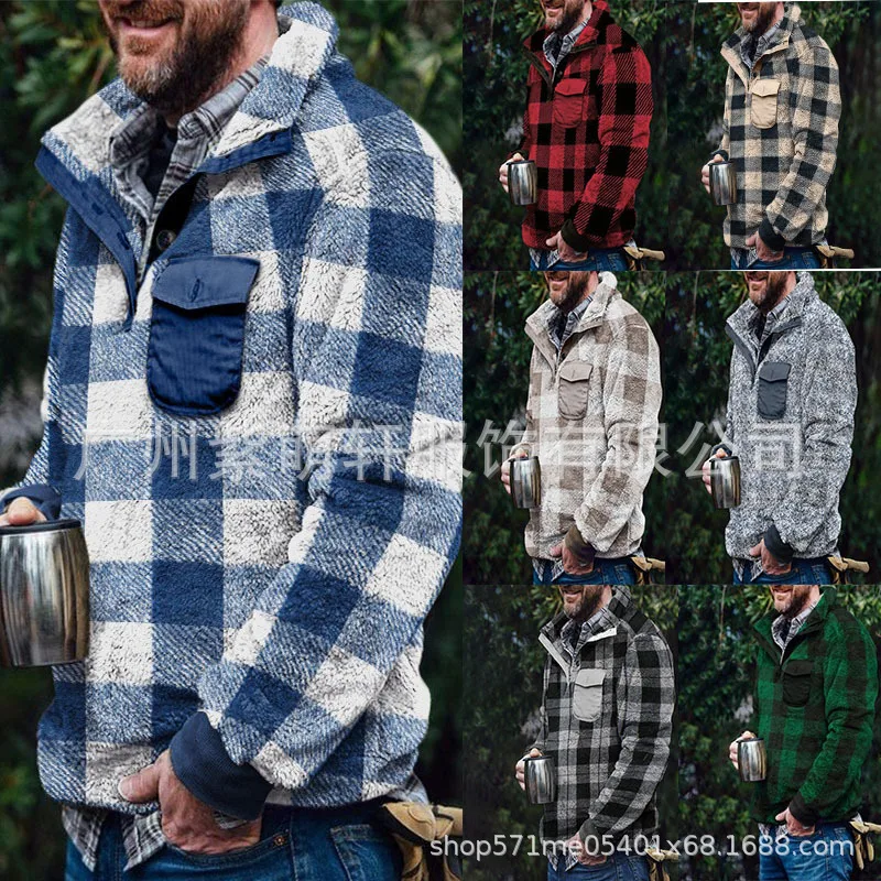 

Plaid Plush Jacket Mens Fall Winter Turn-down Collar Pullover Jackets Rib Sleeve Loose Mens Clothing Lugentolo