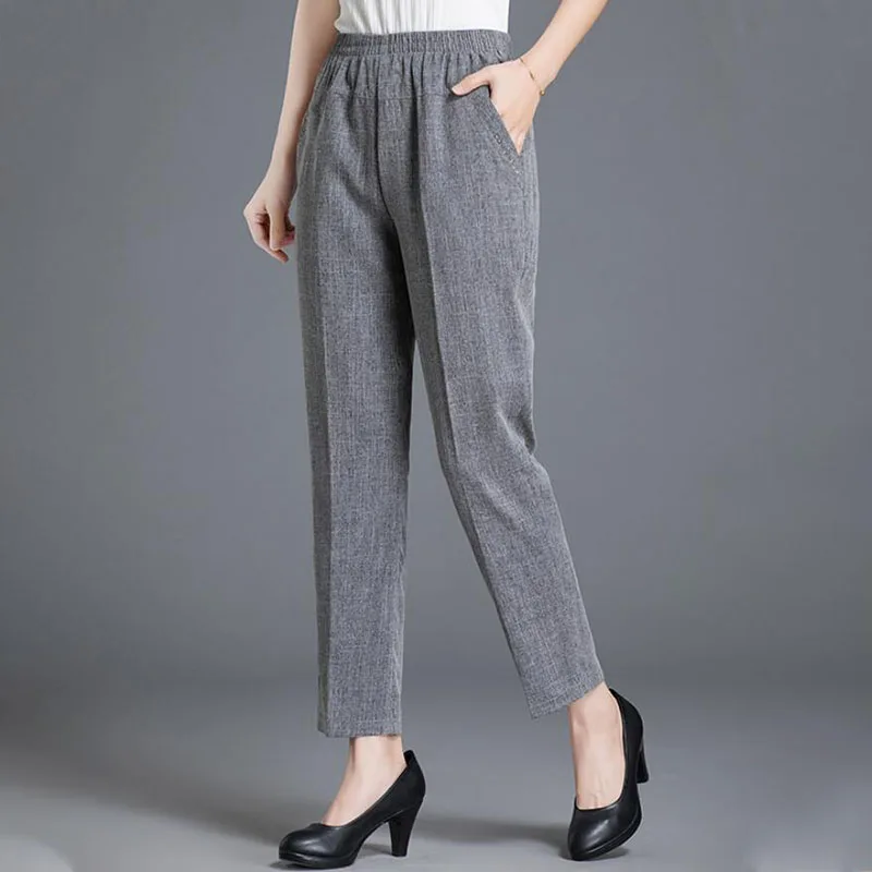 Mother Women Pants Fashion High Waist Thin Loose Straight Cotton Linen Pants Female Casual Trousers Middle-aged Summer Clothes