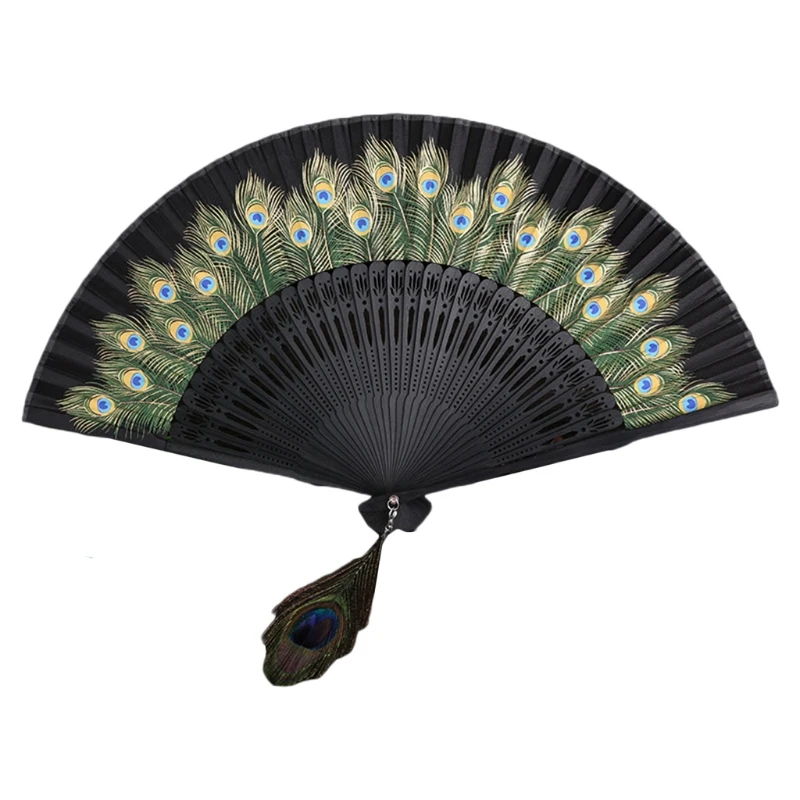 

Chinese Style Peacock Patterned Hand Fans Vintage Imitation Silk Handheld Folding Fan with Bamboo Frame for Dancing