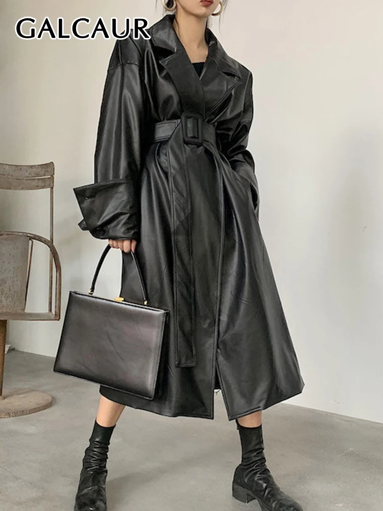 

GALCAUR Solid Fold Pleated Trench Coat For Women Lapel Collar Long Sleeve Asymmetrical Hem Casual Black Womens Coats 2021 New