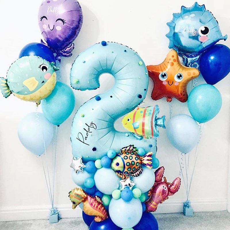 

43pcs Blue number balloon Under the Sea Animal Balloons mermaid Ocean Party Kids happy Birthday Party Decoration Baby Shower