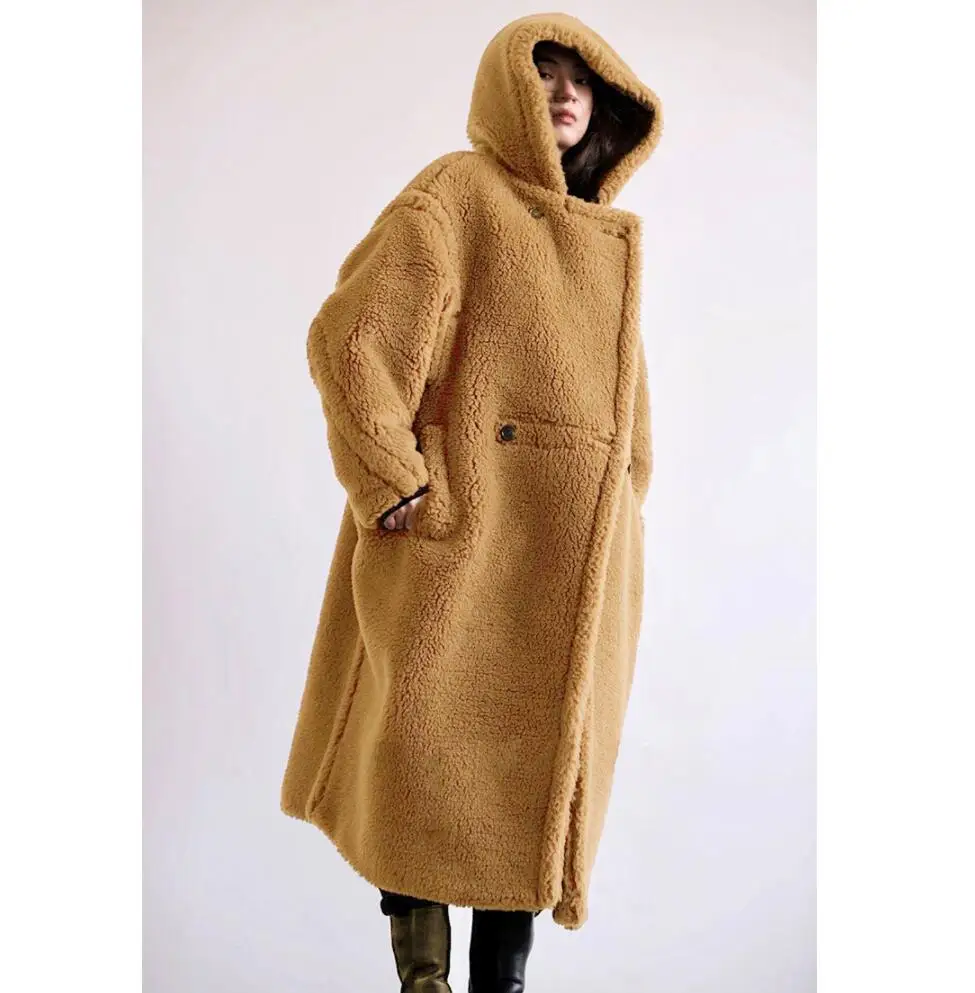 

Teddy Bear Coat Winter Clothes For Women 2021 Black Belted Wool Coat Hooded Long Parkas Female Warm Oversized Jacket Fur Coats