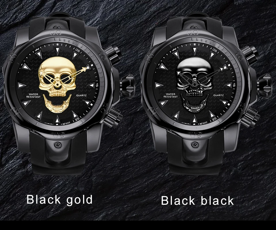 JIANGYUYAN, крутые часы с большим циферблатом и 3D черепом, мужские золотые наручные часы с силиконовым ремешком, мужские часы, Топ бренд, роскошные повседневные кварцевые часы для мужчин