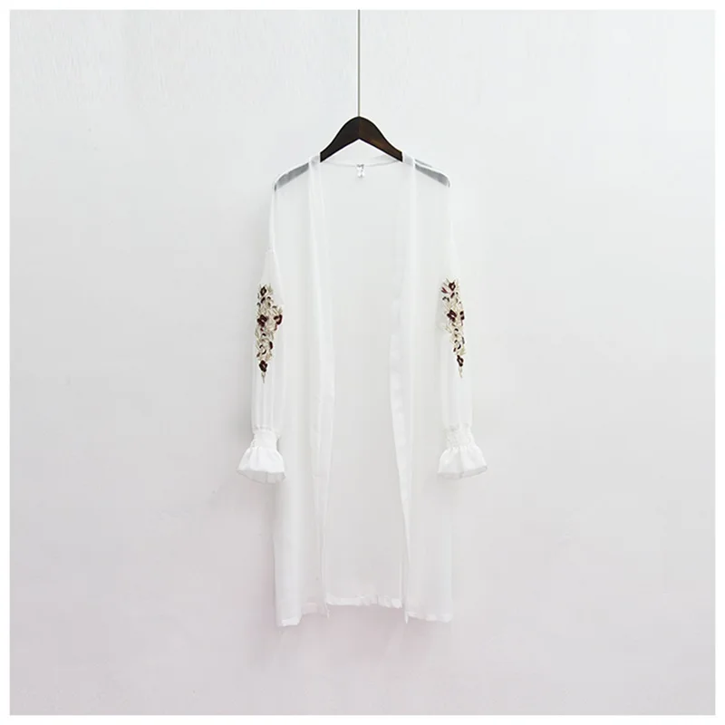 

Summer Fashion large size women chiffon cardigan Embroidery Flare Sleeve Elegant Chiffon Cardigan Sunblock Long Women Cardigan