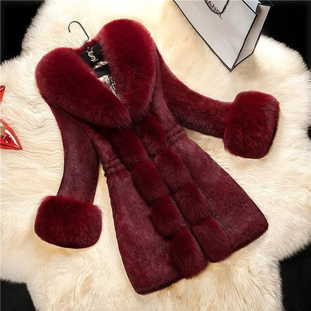 Женское теплое пальто из искусственного меха, зимнее пальто из меха, длинное пальто с v-образным вырезом