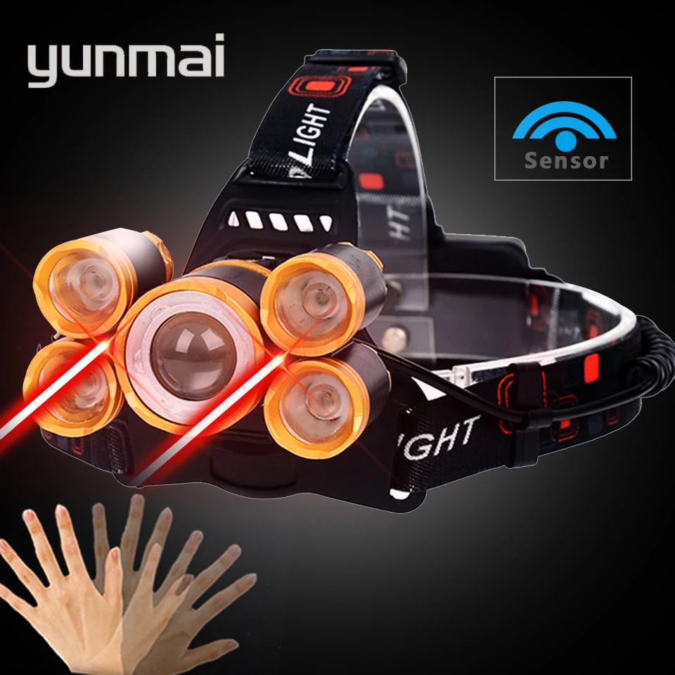 Самый мощный светодиодный налобный фонарь с датчиком Головной T6 5 Светодиодами
