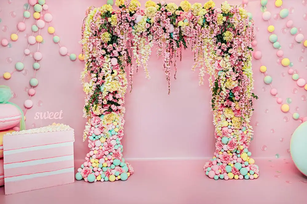 Dephoto Sweet 16 Birthday Party Photography Backdrops Pink Cakes Flowers Balls Wedding Decorated Arched Door photo Background |