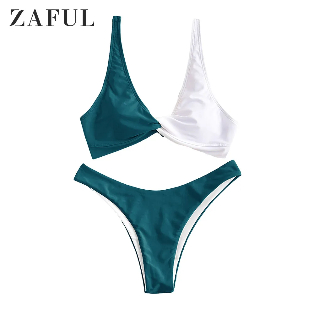 

ZAFUL Two Tone Plunging High Cut Bikini Swimwear