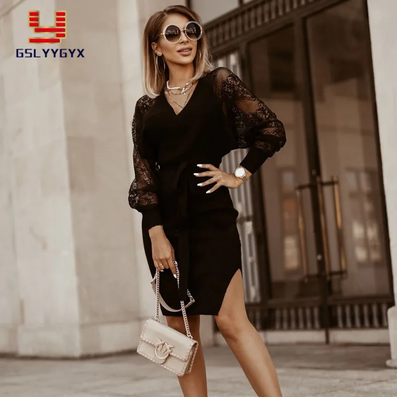 Осенне-зимнее кружевное вязаное платье GSLYYGYX женские платья средней длины