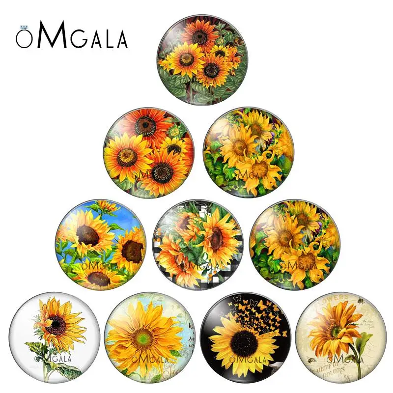

New Love Sunflower Art Paintings 10pcs 12mm/16mm/18mm/25mm Round photo glass cabochon demo flat back Making findings