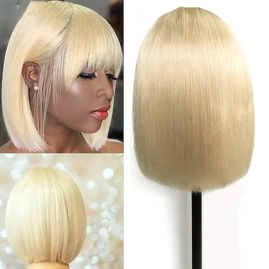 613 Straight Brazilian Human Hair Bob Classic Cap Wigs With Bang Glueless Short Blonde Wig Human Hair Wigs For Women 10 inch