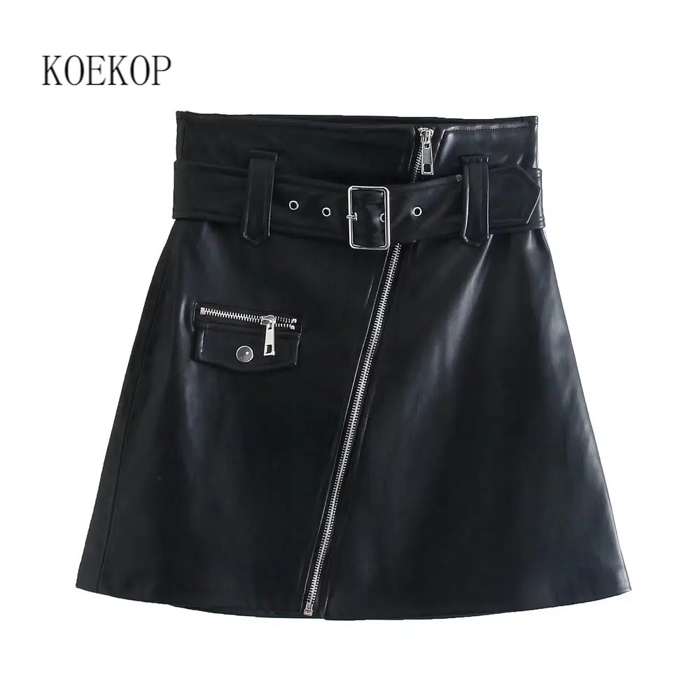 

Koekop Women Fashion Faux Leather Skirt with Blet High-waist Zip Decoration False Pockets Flared Hem Chic Lady PU Skirt Woman