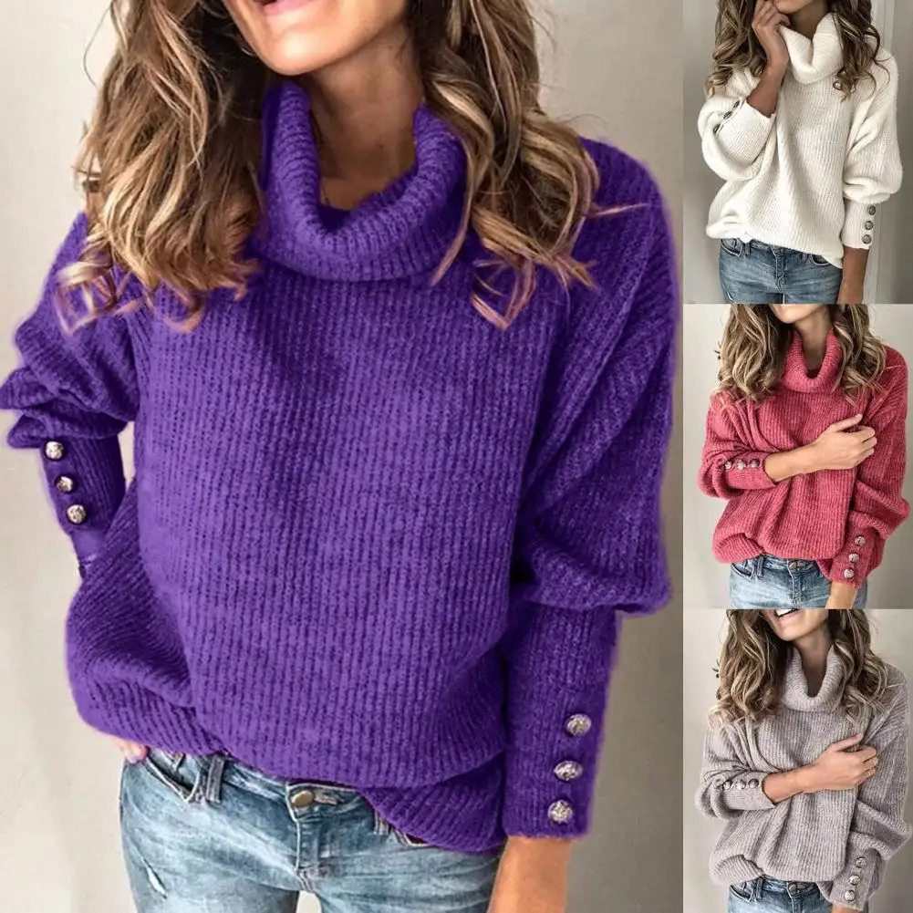 

Solid Color Long Sleeve Knitted Sweater Autumn Winter Turtleneck Buttons Cuff Women Pullover Sweater Ladies Clothing