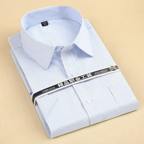 21 blue stripe Большие размеры XXXL 4XL 5XL 6XL фиолетовый твил Твердые с коротким рукавом летние мужские рабочие Рубашки Высокое качество Классический дизайн мужские рубашки - Цвет: 21 blue stripe