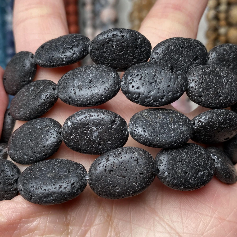 Бусины Из Натурального вулканического камня Плоские Овальные черные лавовые
