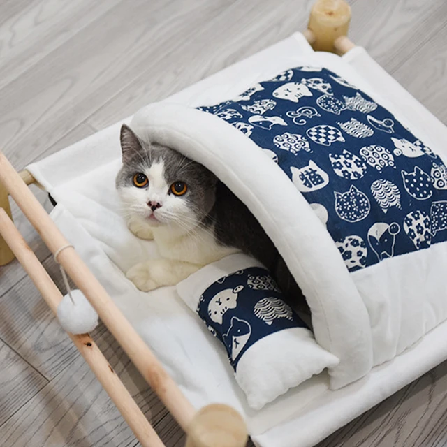 Mascotas Eleveted Pet Cat Bed Lounge Cat Dog Sleep Hammock Blue Raised Small Soft Reversible Fabric Wood Frame Gatos Accesorios