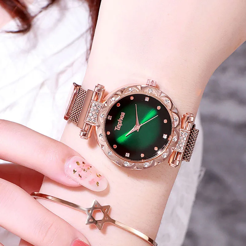 Women Watches Luxury Rose Gold Ladies Wrist Watches Starry Sky Magnetic Watch Mesh Strap Waterproof Clock relogio feminino xfcs - Цвет: Зеленый