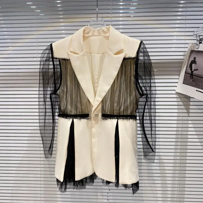 

Irregular Black Net Yarn Sleeve Patchwork Apricot Blazers Spring Summer 2021 Women Elegant Lapel Casual Office Lady Suit Jacket