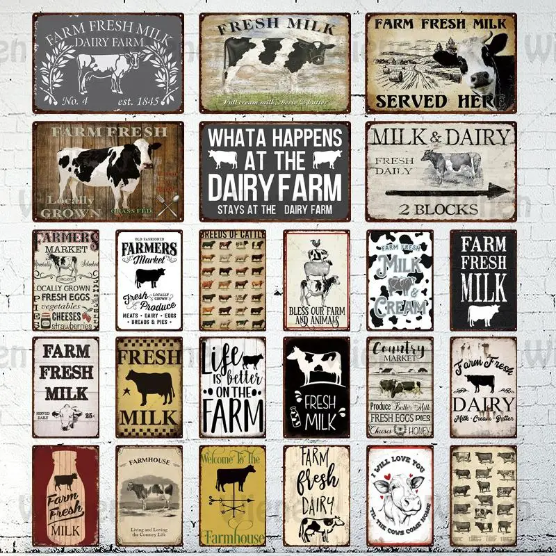 

Vintage Tin Signs Metal Plaque Farm Milk Dairy Cows Fresh Milk Farmhouse Farm Wall Decor Iron Sheet Painting Decorative Plates