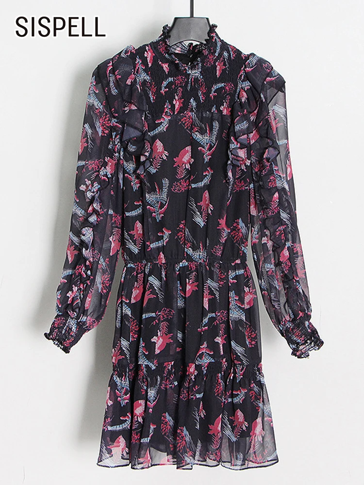 

Женское мини-платье с цветочным принтом SISPELL, ТРАПЕЦИЕВИДНОЕ ПЛАТЬЕ с воротником-стойкой, поясом на резинке и длинным рукавом, 2021