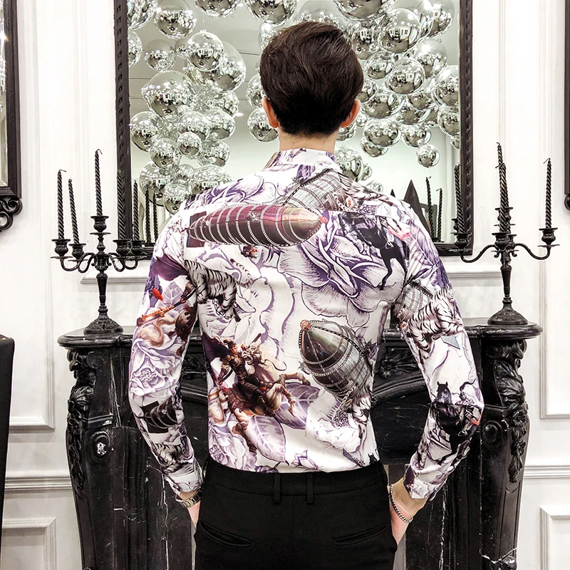 

Style 2021 British Men Shirt Fashion Print Long Sleeve Slim Casual Shirts Men Dress Streetwear Social Clothing Camisa Masculina