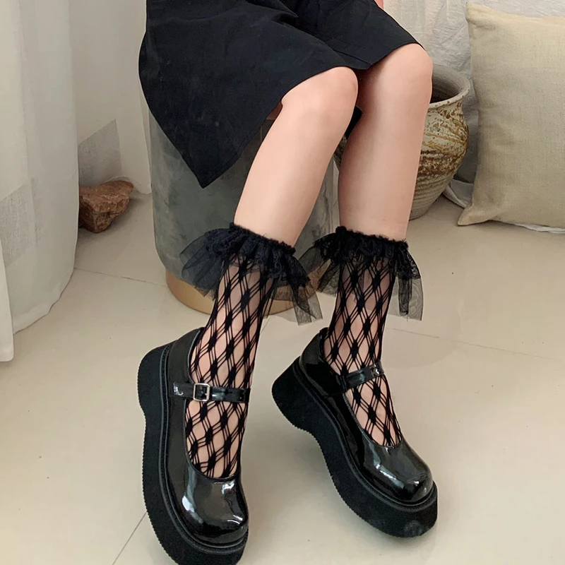 

Women's Socks Spring Lolita Style Black Lace Cross Diamond Lattice Medium Tube Socks JK Harajuku Hollow Out Thin Female's Socks
