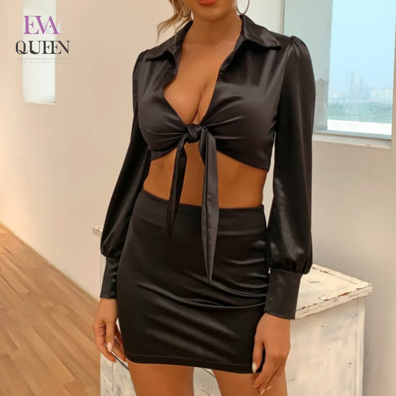 

EvaQueen Ruched Lace Up Date Autumn 2 Piece Sets Women Deep V Neck High Waist Skirt Set Full Sleeve Soft Sexy Party Women's Sets