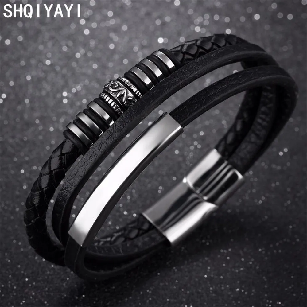 Черные кожаные браслеты SHQIYAYI для мужчин с магнитной пряжкой в стиле панк