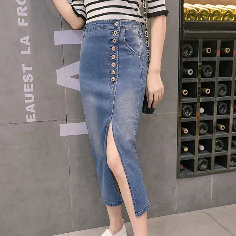 

Blue Denim Skirt For Women 2021 Autumn High Wasit Stretch Fabrics Slim Wrap Hip Split Midi Skirt Elegant Bottoms
