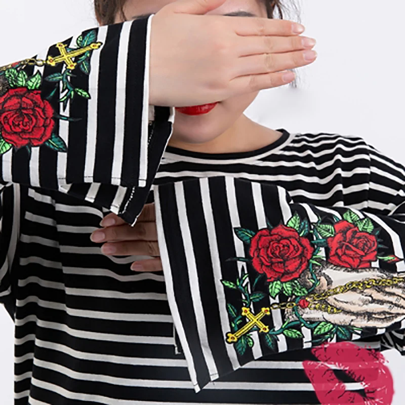 

Womens Tshirts 2020 Plus Size 7XL 6XL T-shirt Embroidery T Shirt Women Hit Color Striped Tee Shirt Femme 5XL Oversized Clothes