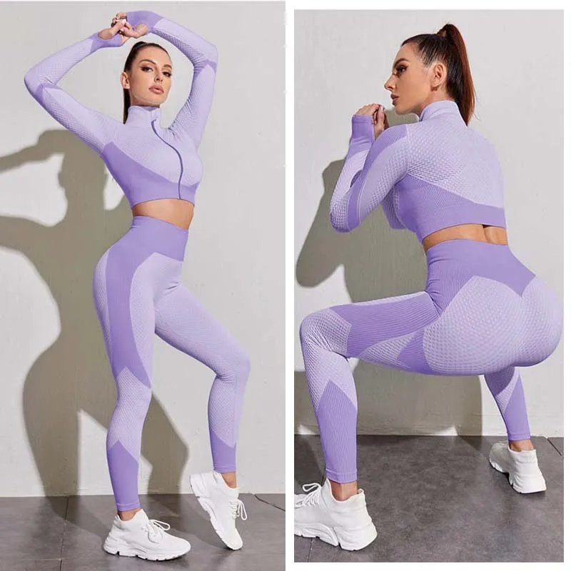 

Women Clothing Yoga Gym Sets Seamless Fitness Leggings Suit Push Up Long Sleeve Shirts Two Piece Workout Outfit Tracksuit