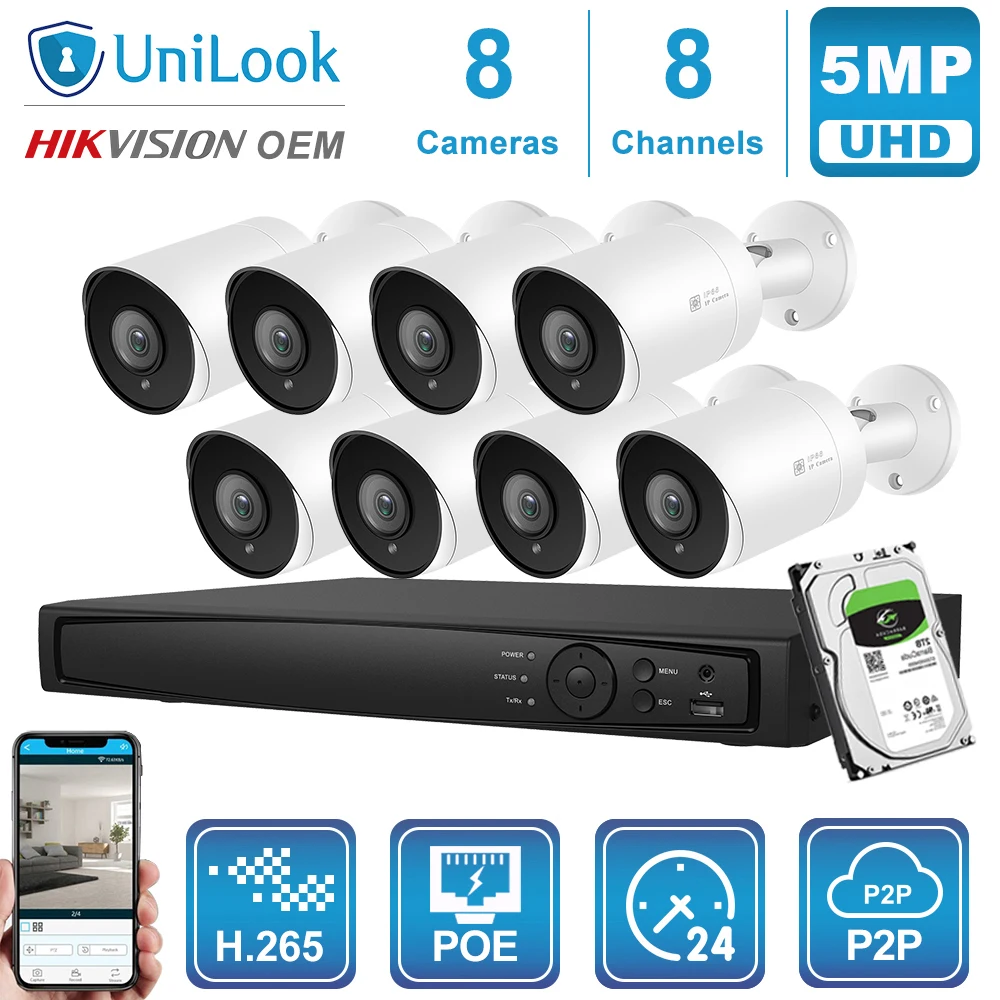 UniLook 8CH NVR 4/6/8 шт 5MP POE IP камера комплект уличная система безопасности ночное
