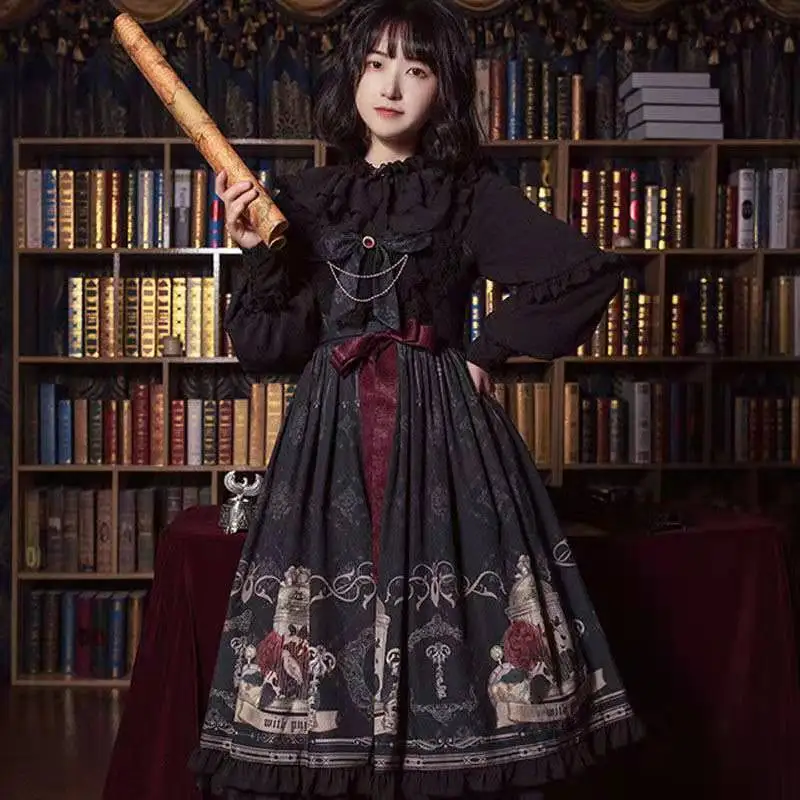 

Vintage Lovely Teddy Lolita Fashion JSK Dress By Alice Girl Dark Romance Gown Dark French Goth Lolita Dress