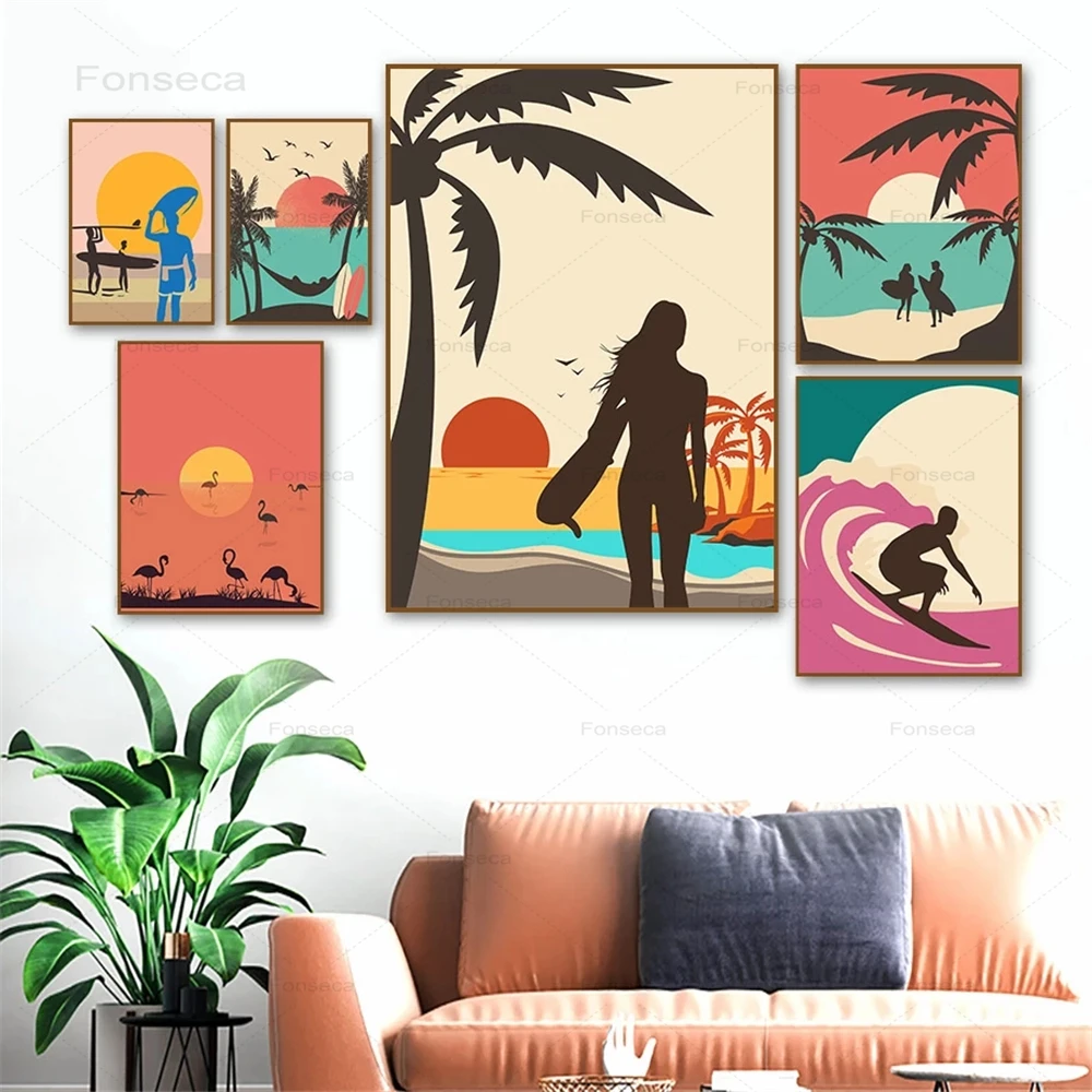 

Abstract Beach Man Girl Surf Flamingo Wall Art Canvas Painting Nordic Posters And Prints Wall Pictures For Living Room Decor