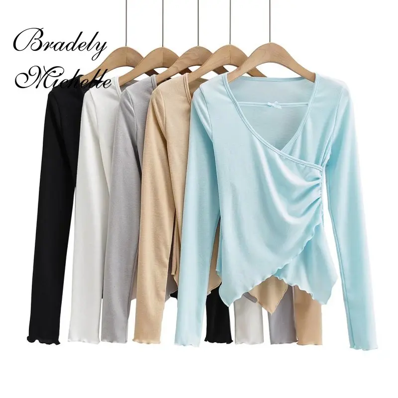 

Женская футболка с длинным рукавом, эластичная Асимметричная футболка с глубоким V-образным вырезом, весна-осень 2021