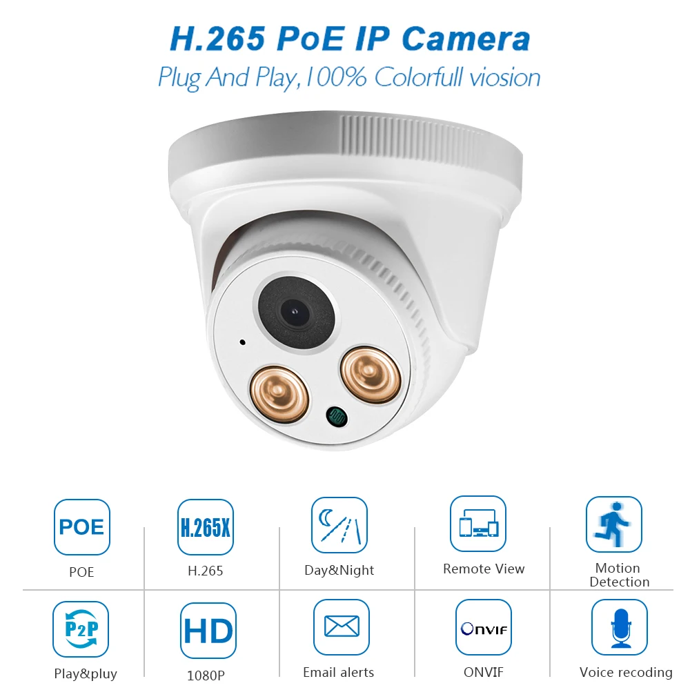 Купольная камера видеонаблюдения H.265 1080P POE полноцветная ночное видение