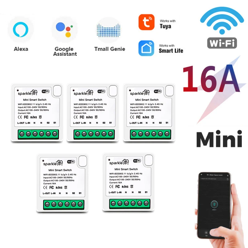 Модуль Wi-Fi Tuya Mini 16 А с двухсторонним управлением через приложение Smart Life умный дом