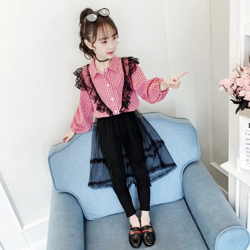 

Children Clothing 2020 Spring Girls Long Sleeve Plaid Shirts + Mesh Skirts Pants 2pcs Sets Fashion Kids Clothes Casual Outfits