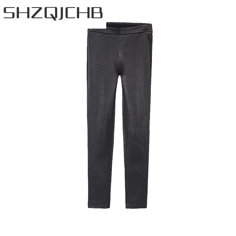 

JCHB 2021 High Quality Luxury Womens Black Skinny Pants Fashion Stretchy Genuine Leather Trousers Female Streetwear Slim Fit Pen