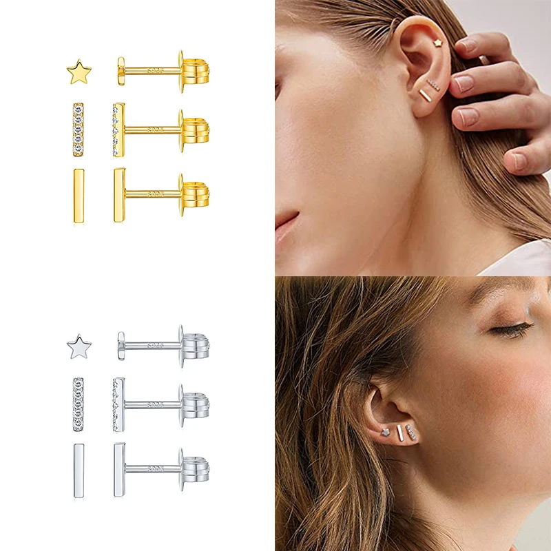 

GS 925 Sterling Silver Star Diamond Stud Earrings For Women Mini Cubic Zirconia Jeweled Geometric Ear Stud Set Jewelry Gift