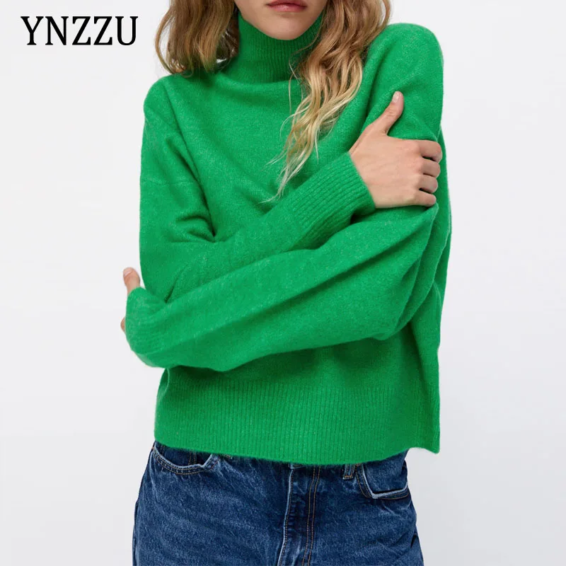 

Autumn Winter Bat sleeve Women's Sweater Green Pink Turtleneck Loose casual Pullover Jumper Knitted tops Streetwear YNZZU 1T135