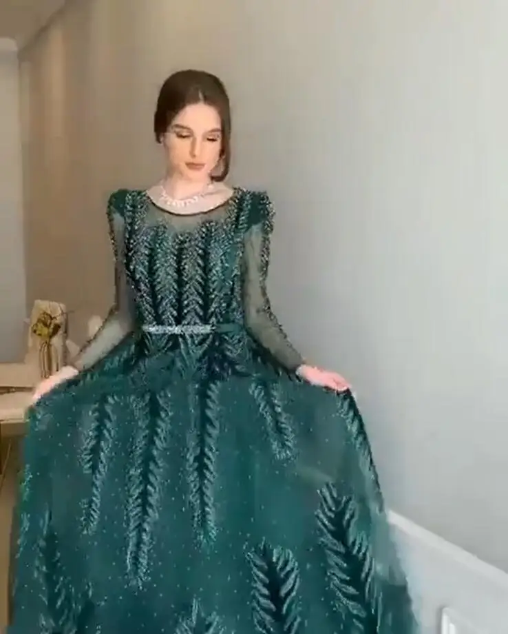 Арабское Изумрудное зеленое вечернее платье для мусульманских женщин с длинным