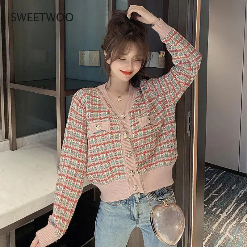 

Short Retro Check Color Contrast V-Neck Knitted Cardigan 2021 Autumn New 3-Color Sweater Women's Jacket