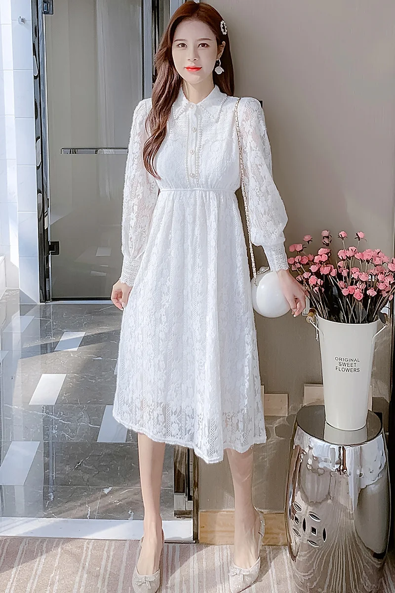 

COIGARSAM Full Sleeve Women dress Spring Lace Embroidery Beading Belt Dresses 8296