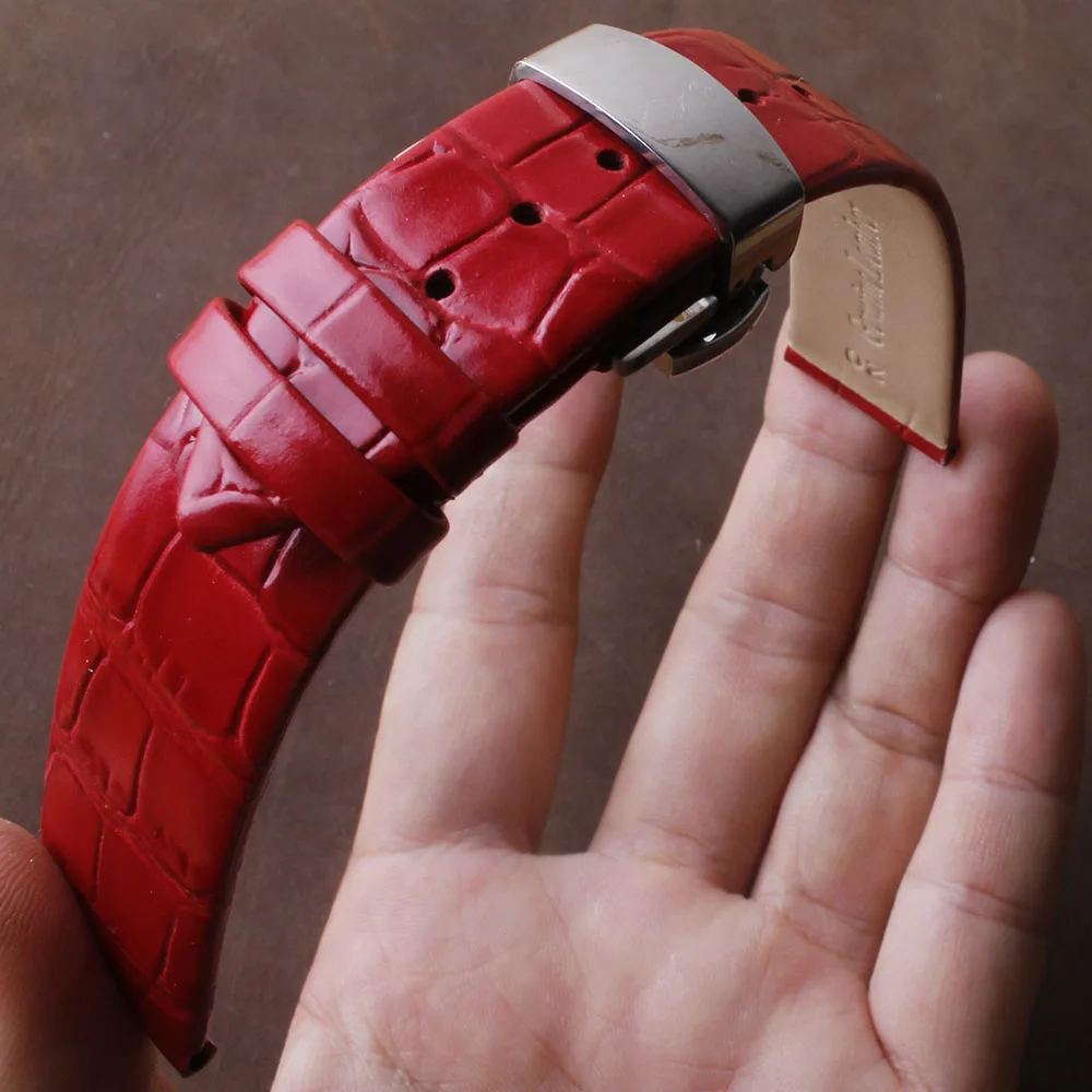 

Genuine Leather Watchband For women's brand wristband Fashion bracelet 14 16 18 20mm Red Watch strap butterfly buckle silver hot